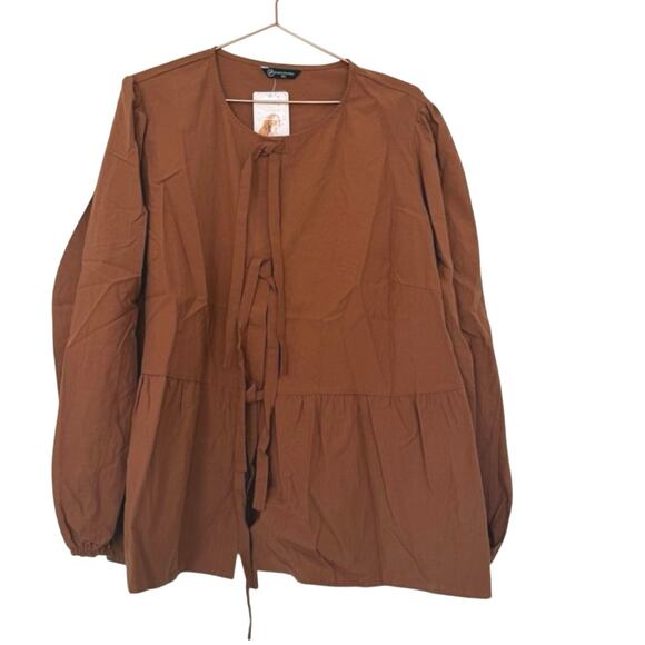 PrettyGarden Tops - Pretty garden Rust Brown Peasant Blouse with Front Ties